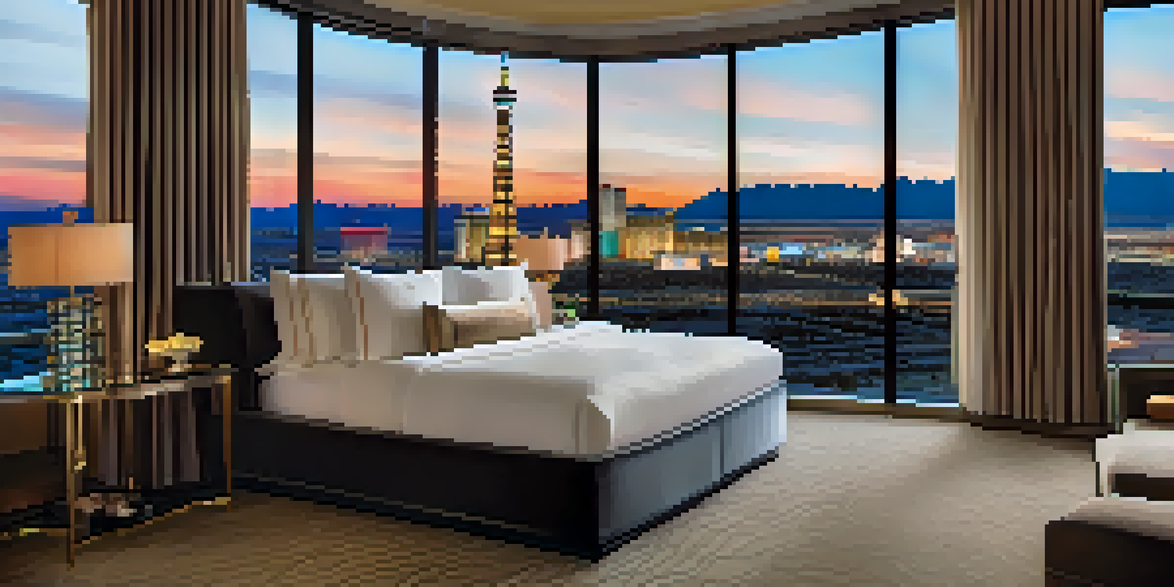 A luxurious hotel suite with a king-sized bed and large windows overlooking the Las Vegas Strip at sunset.