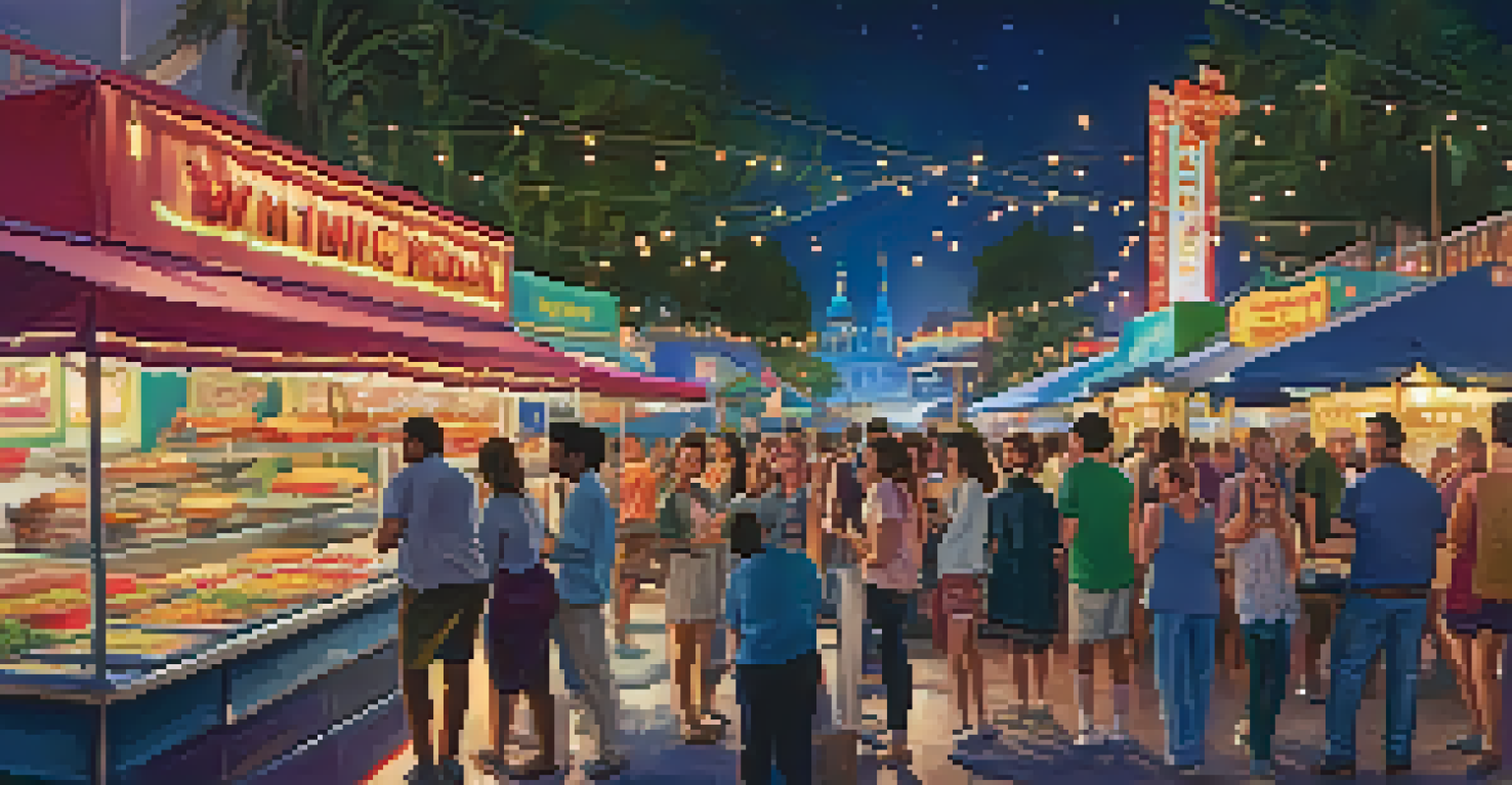 A bustling nighttime food tour in Las Vegas with people enjoying various street foods under fairy lights.