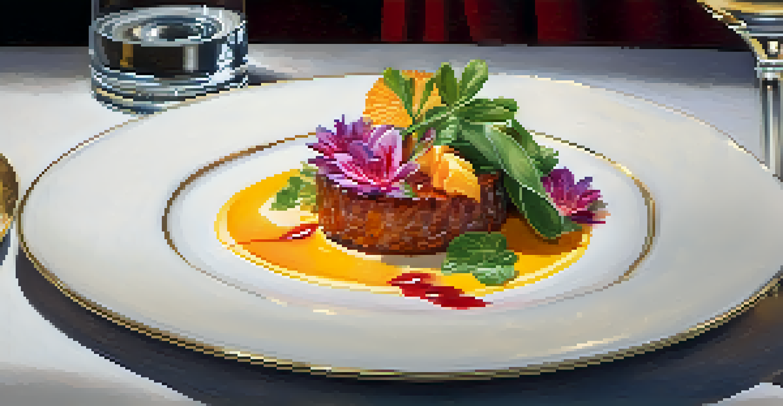 A gourmet dish at a Michelin-starred restaurant, featuring vibrant colors and artistic presentation in an elegant dining room.