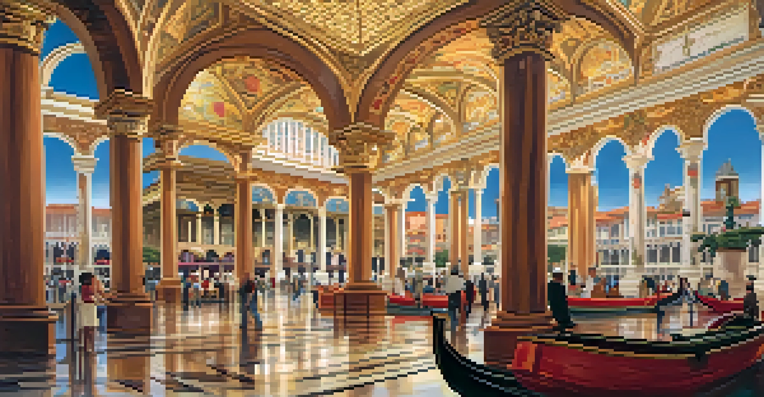 An elegant view of the Venetian casino featuring indoor canals, gondolas, and ornate architecture.