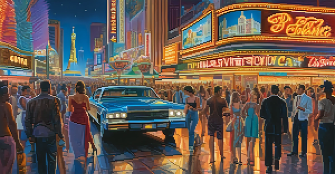 A lively Las Vegas Strip at night, illuminated by neon lights and filled with crowds, portraying the vibrant nightlife of the city.
