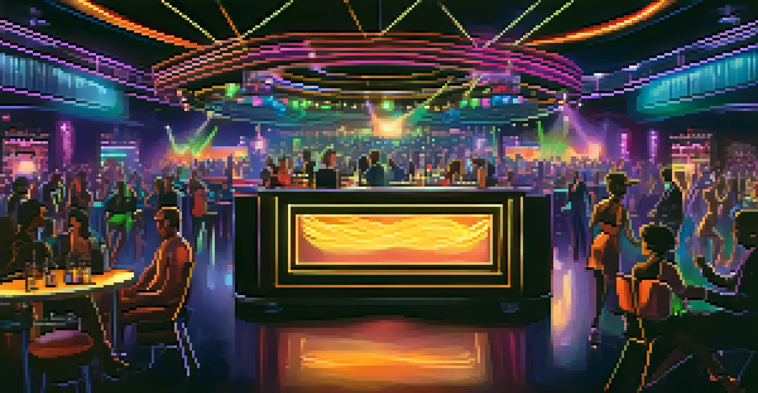 An upscale nightclub interior with a DJ booth, colorful lights, and people dancing and enjoying cocktails.