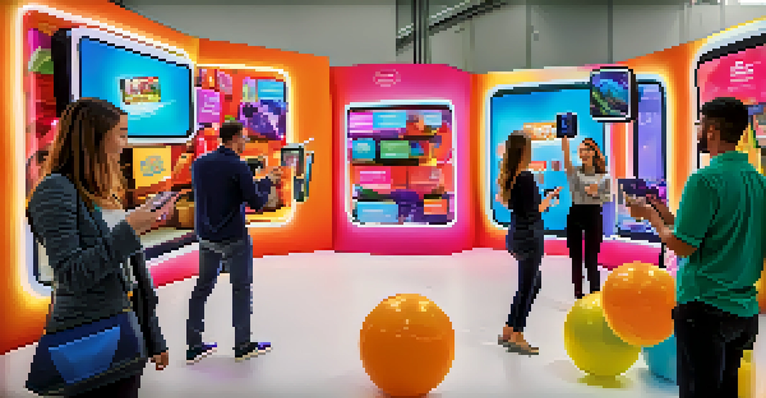 Attendees engaging with augmented reality at a trade show in Las Vegas, using smartphones to interact with digital overlays on products.