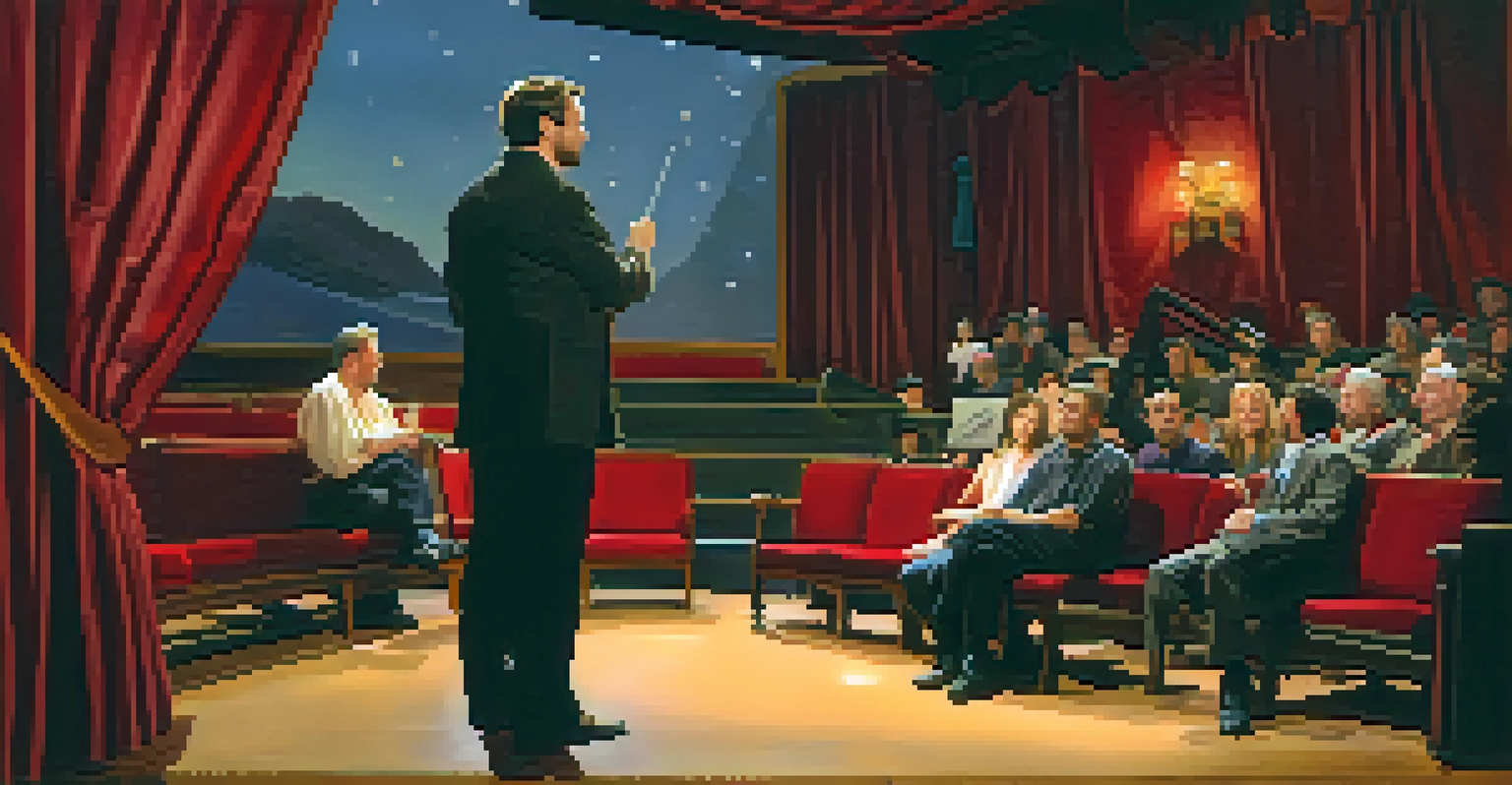 A dramatic theater performance with an actor in warm lighting, engaging a captivated audience.