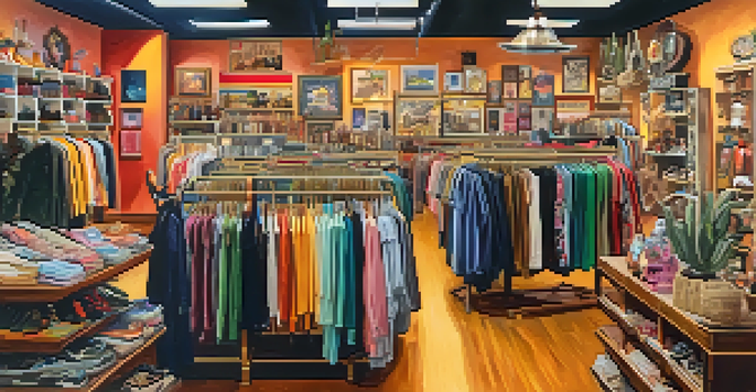 Interior of a vibrant thrift shop in Las Vegas filled with colorful vintage clothing and unique home decor items, with shoppers browsing and warm lighting.