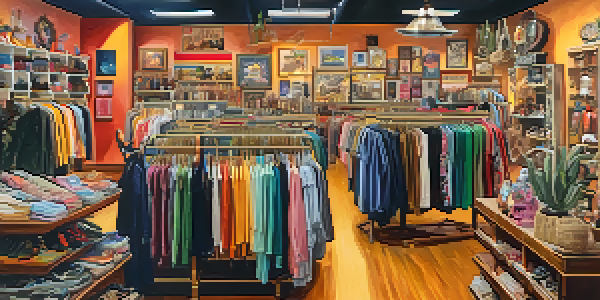 Interior of a vibrant thrift shop in Las Vegas filled with colorful vintage clothing and unique home decor items, with shoppers browsing and warm lighting.