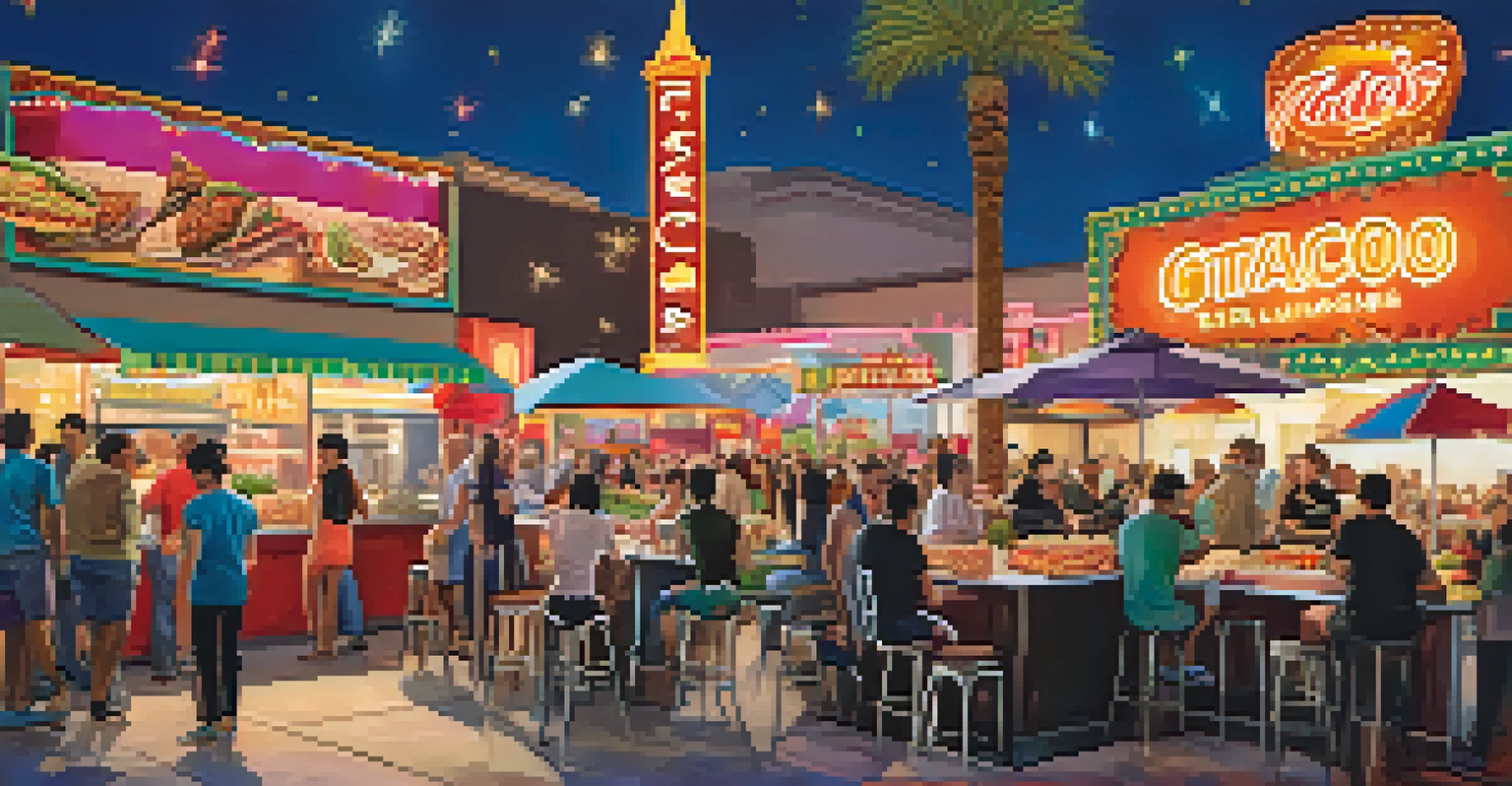 A lively street food scene in Las Vegas with food trucks and people enjoying tacos and gelato, highlighting culinary diversity.