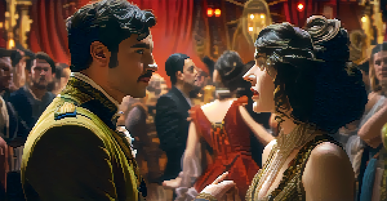 An audience member interacting with a performer in an immersive theater, highlighting their expressions and costumes.