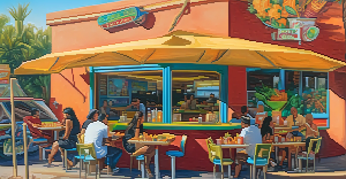 A lively street scene featuring a local taco joint with colorful taco stands and locals enjoying their meals in a vibrant outdoor setting.