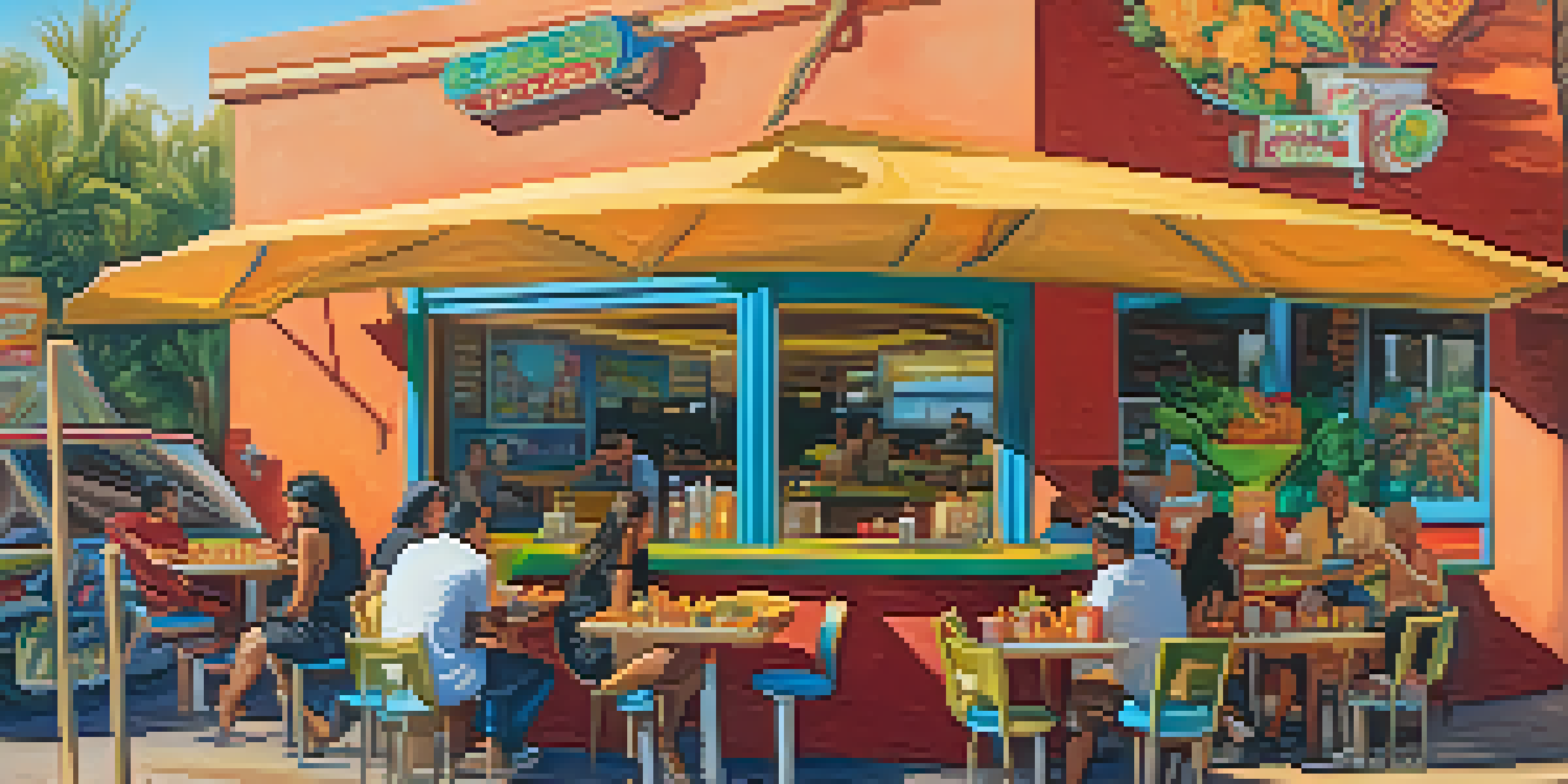 A lively street scene featuring a local taco joint with colorful taco stands and locals enjoying their meals in a vibrant outdoor setting.