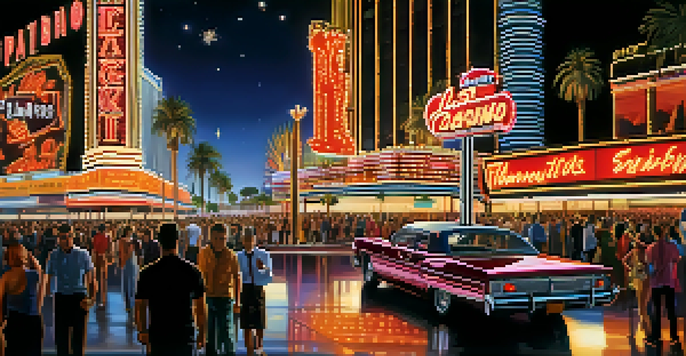 A lively night scene of the Las Vegas Strip, featuring illuminated casinos and crowds enjoying the vibrant atmosphere.
