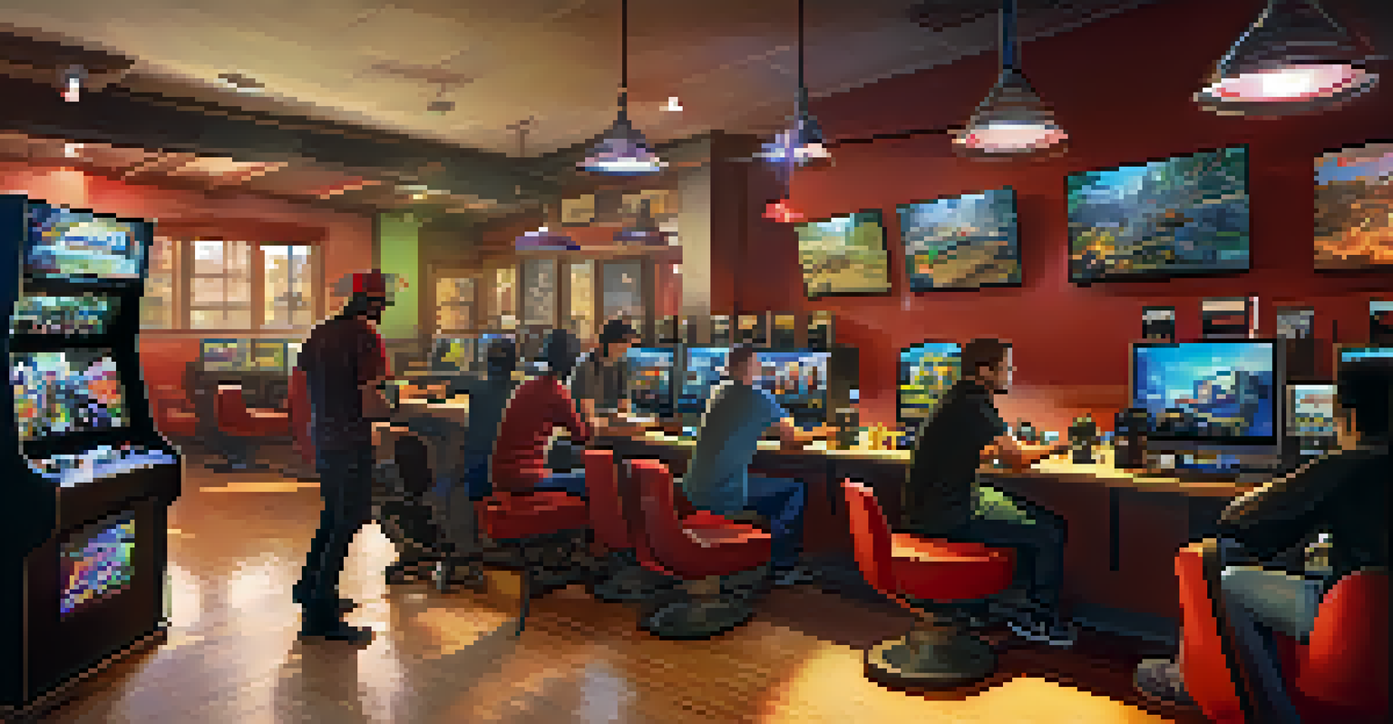 A cozy gaming cafe in Las Vegas, filled with gamers enjoying competitions and sharing tips in a friendly environment.