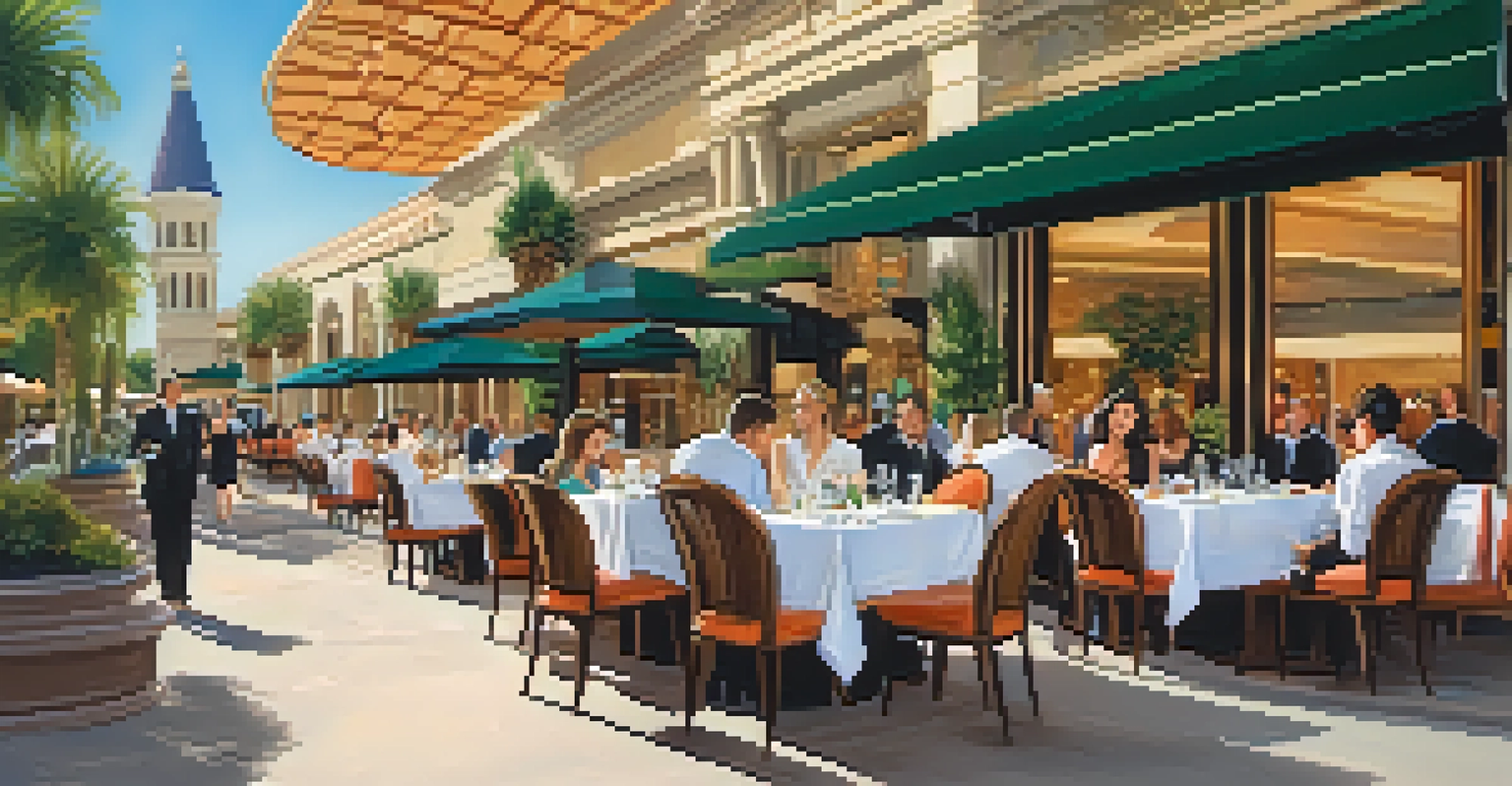 Outdoor dining scene with elegantly set tables and luxury boutiques in the background.