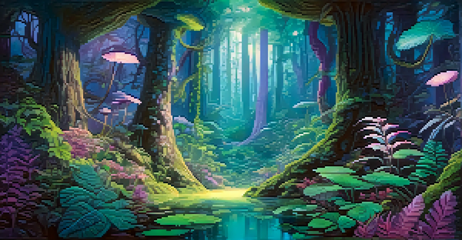 A fantastical forest scene with towering trees, glowing plants, and whimsical creatures, illuminated by soft lighting.