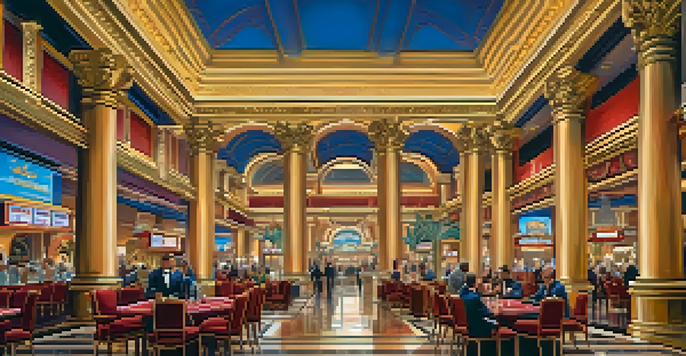 An interior view of a Las Vegas casino designed like ancient Rome, showcasing tall columns and Roman statues, with guests engaged in various activities.