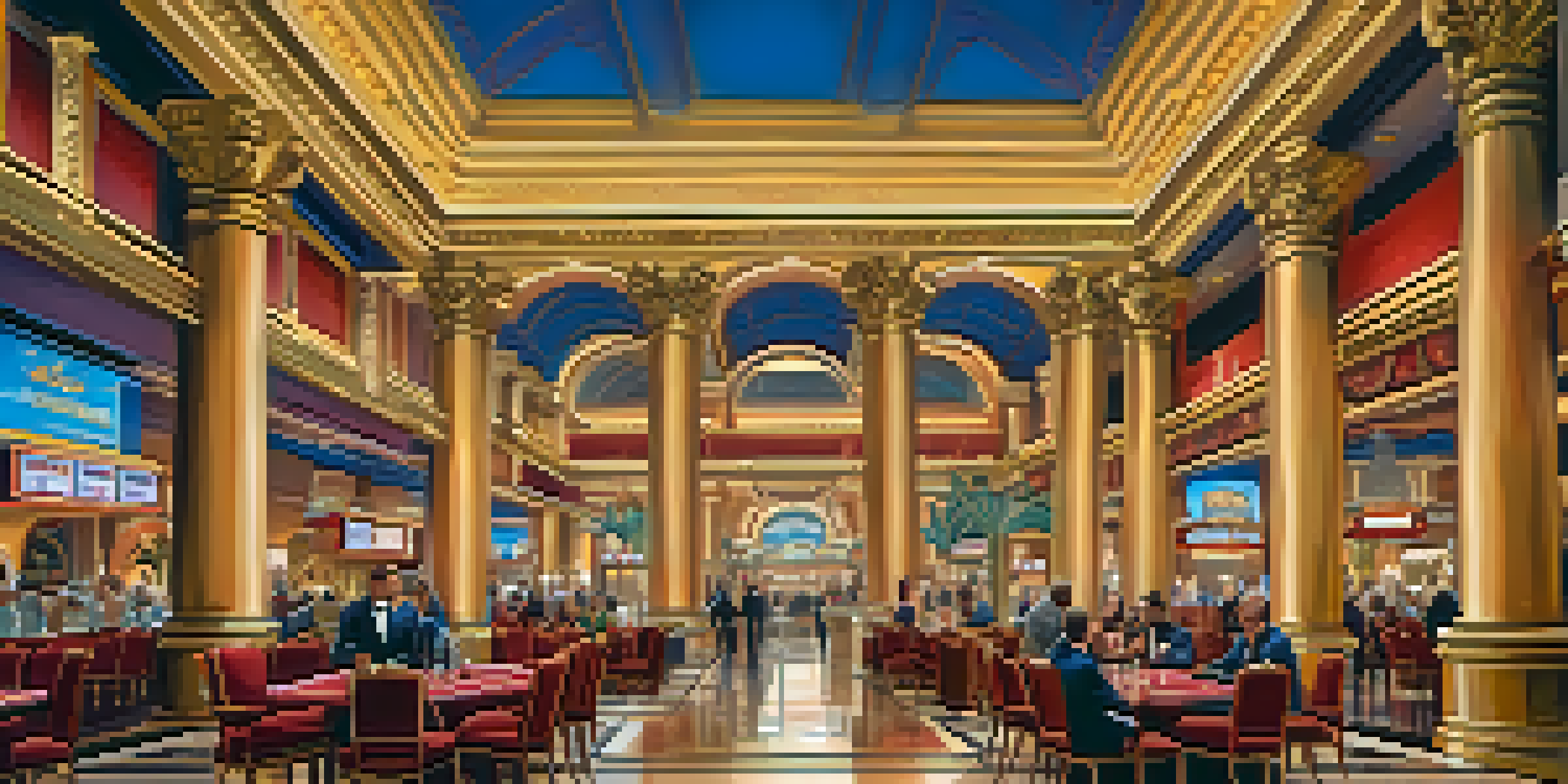 An interior view of a Las Vegas casino designed like ancient Rome, showcasing tall columns and Roman statues, with guests engaged in various activities.