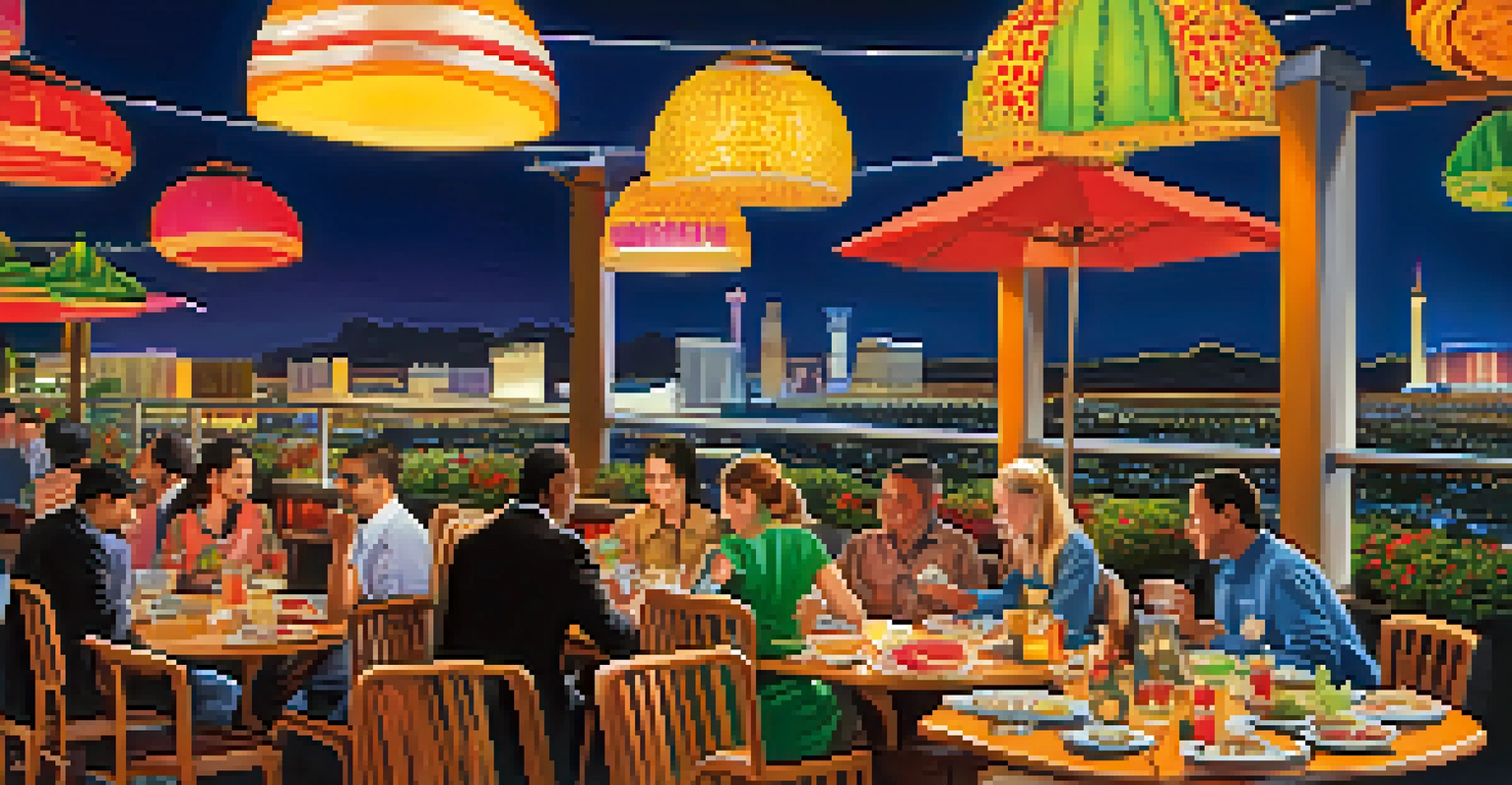 An outdoor dining setting showcasing international dishes with the vibrant Las Vegas Strip illuminated at night.
