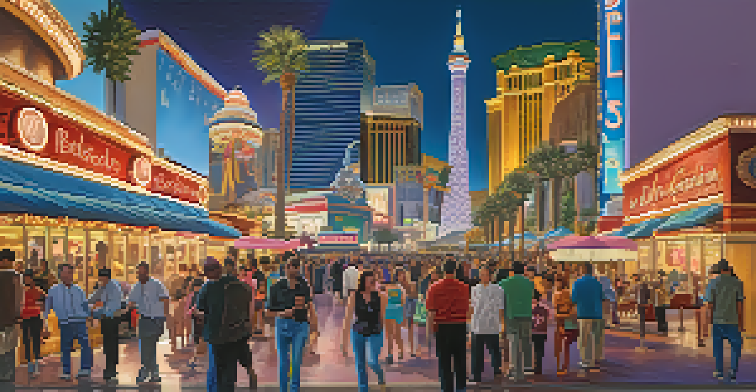 A lively street scene on the Las Vegas Strip with the Bellagio fountains and street performers, surrounded by colorful lights.