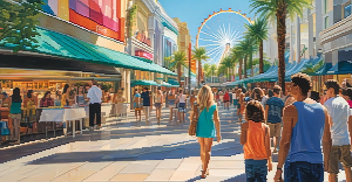 A lively outdoor shopping area with families and colorful shops, featuring the High Roller observation wheel and street performers in a sunny atmosphere.