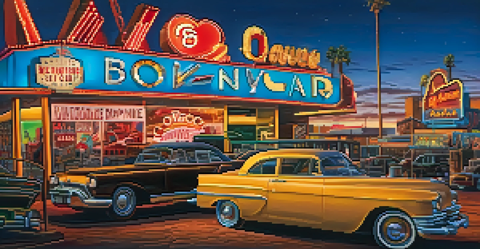Vintage neon signs at the Neon Boneyard in Las Vegas illuminated by golden hour light.