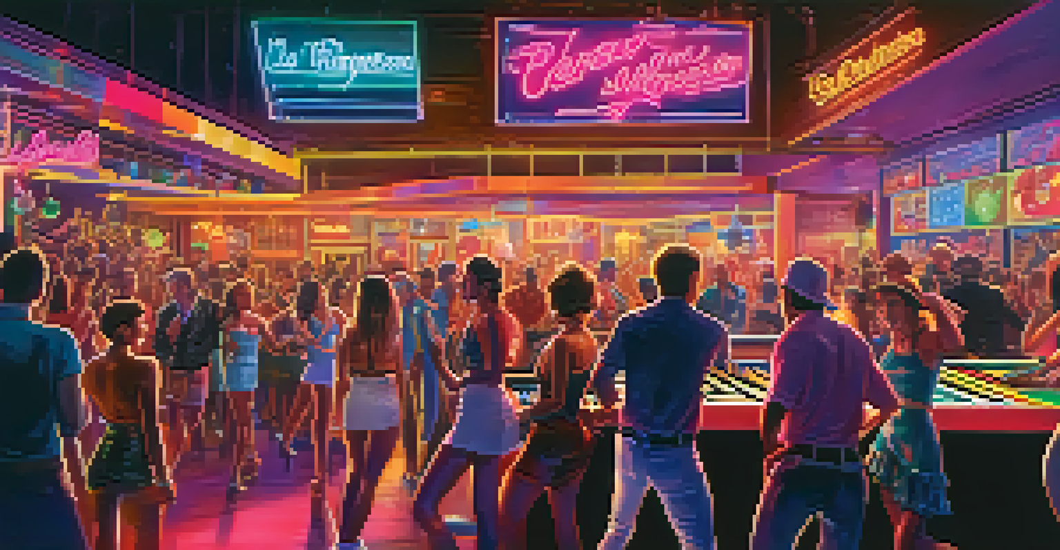 A vibrant themed music night in a Las Vegas bar with attendees in 80s attire dancing under neon lights.
