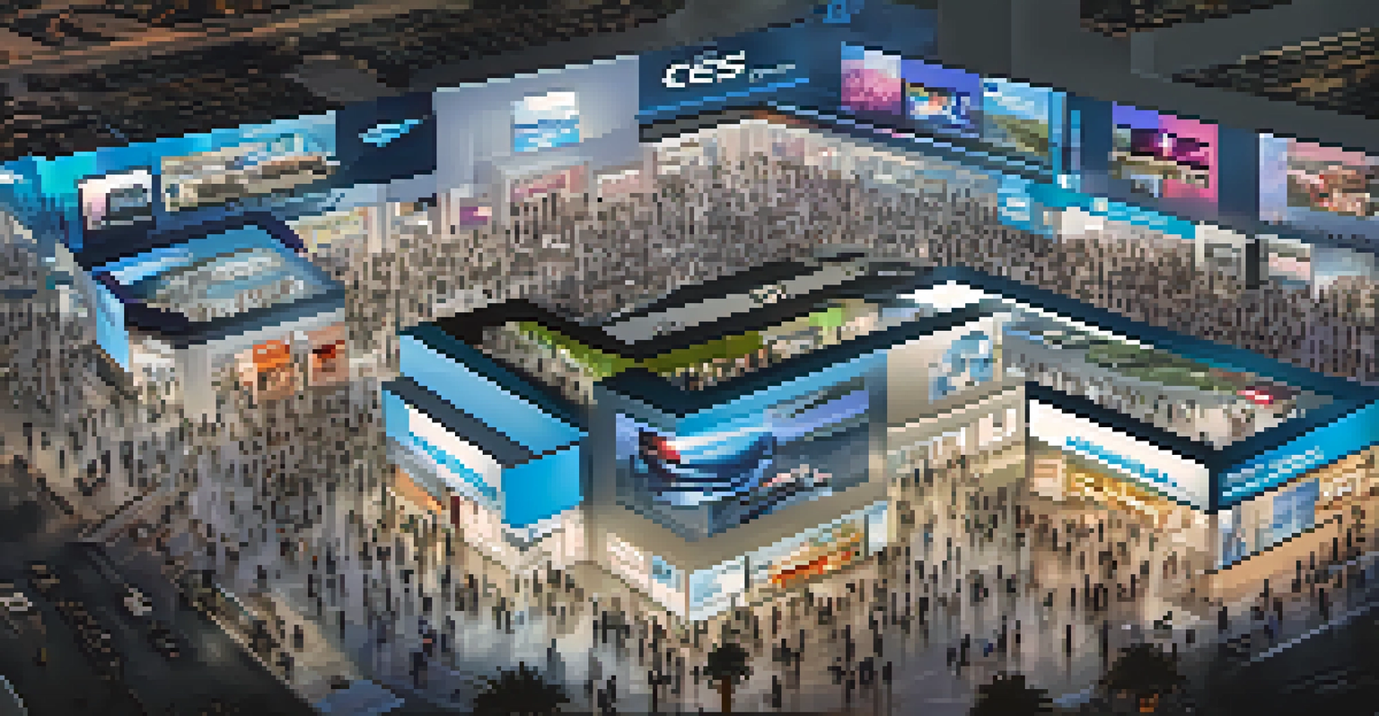 Aerial view of the CES convention in Las Vegas, featuring numerous exhibitors showcasing technology products and attendees engaging with displays.
