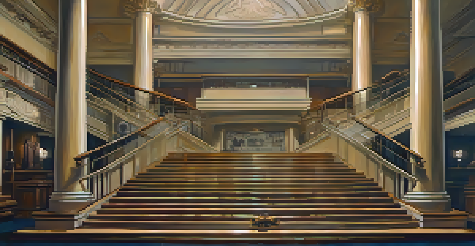 A display of Titanic artifacts, including a replica of the grand staircase, illuminated in a soft light with informative panels in the background.