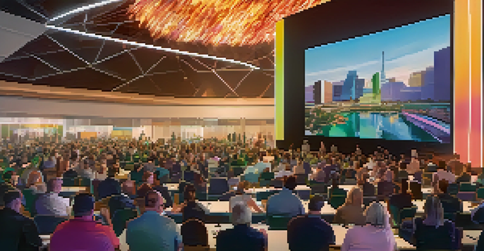 A modern conference center in Las Vegas hosting a hybrid event with in-person and virtual attendees, showcasing vibrant colors and technology.