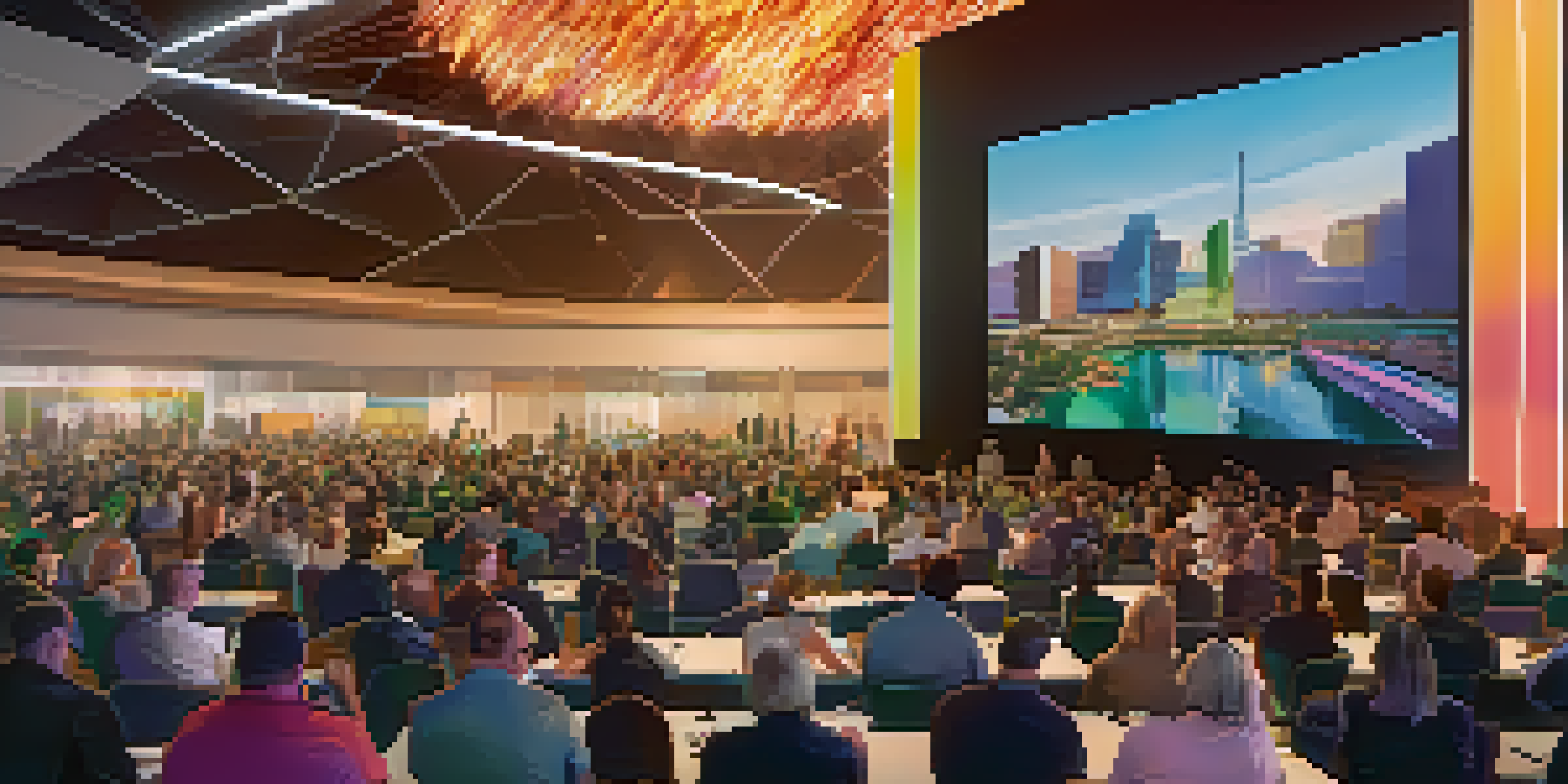 A modern conference center in Las Vegas hosting a hybrid event with in-person and virtual attendees, showcasing vibrant colors and technology.
