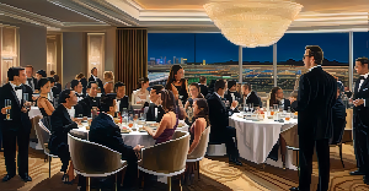 An upscale networking event in a Las Vegas hotel, with guests in formal attire enjoying conversations and appetizers.