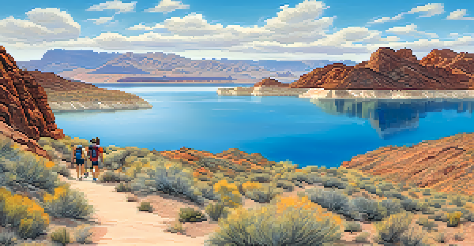 A peaceful view of Lake Mead with a hiking trail and clear blue skies.