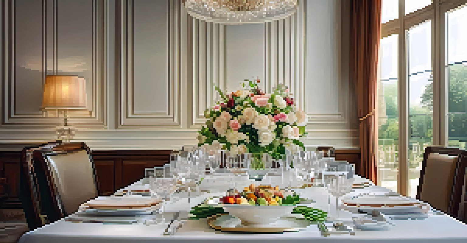 An elegantly set dining table in a luxury restaurant with fine china and crystal glassware, illuminated by soft warm lighting.