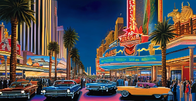 A vibrant Las Vegas nightlife scene with illuminated casinos and elegant people socializing on the Strip.