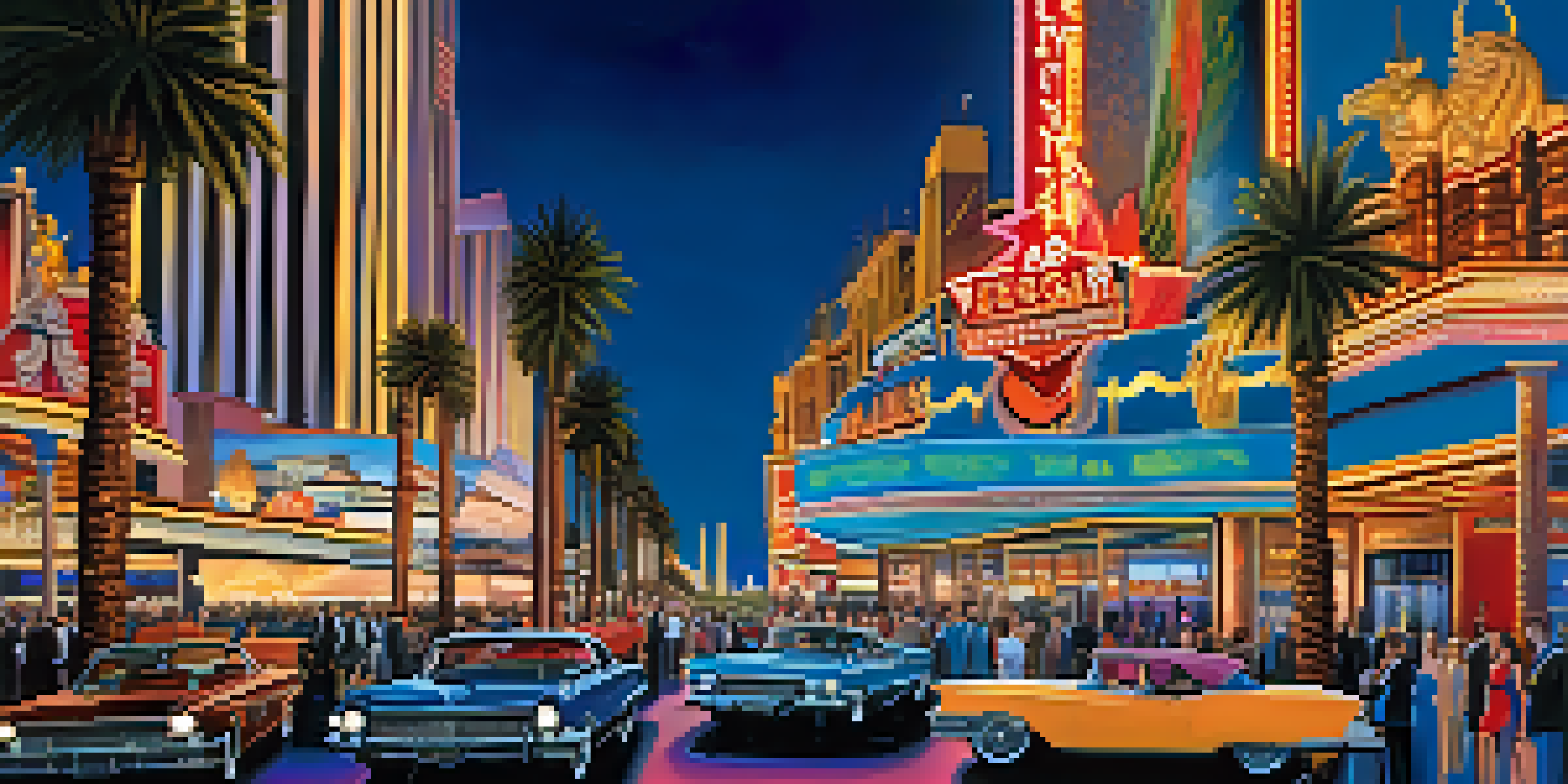 A vibrant Las Vegas nightlife scene with illuminated casinos and elegant people socializing on the Strip.