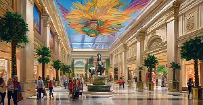A colorful indoor shopping area with Roman architecture, featuring luxury brands and animated statues, with shoppers and waterfalls.