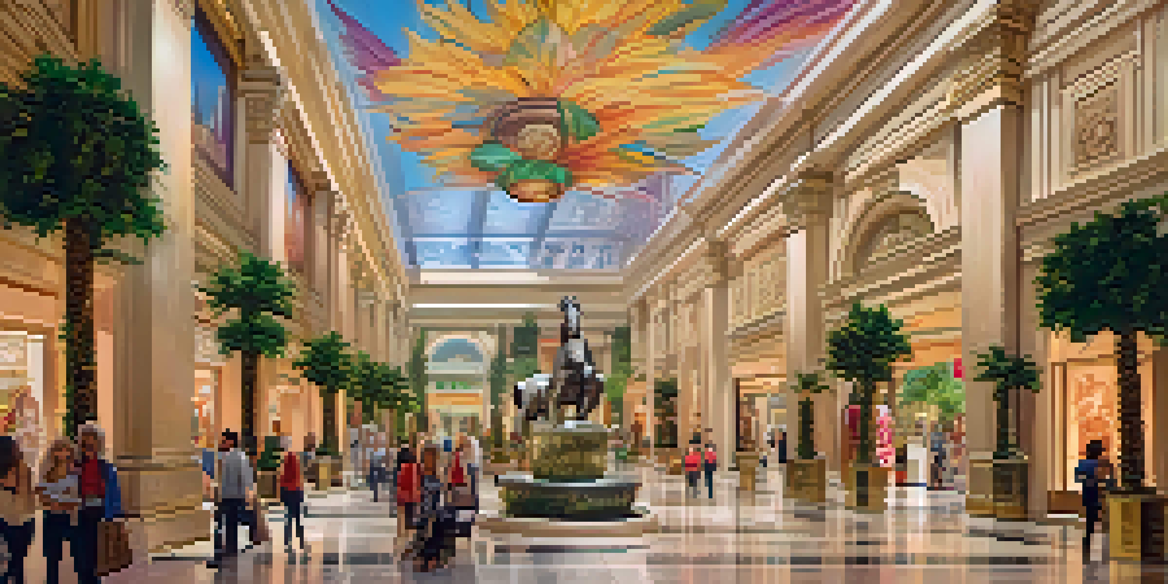 A colorful indoor shopping area with Roman architecture, featuring luxury brands and animated statues, with shoppers and waterfalls.
