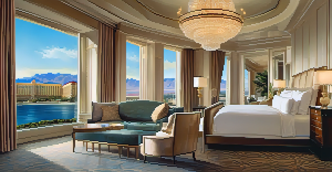 A luxurious hotel room with elegant decor and a view of the Las Vegas skyline.