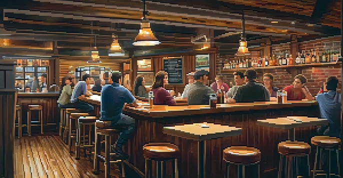 A warm and cozy bar and grill with wooden decor, patrons enjoying food and drinks, and a chalkboard menu visible.