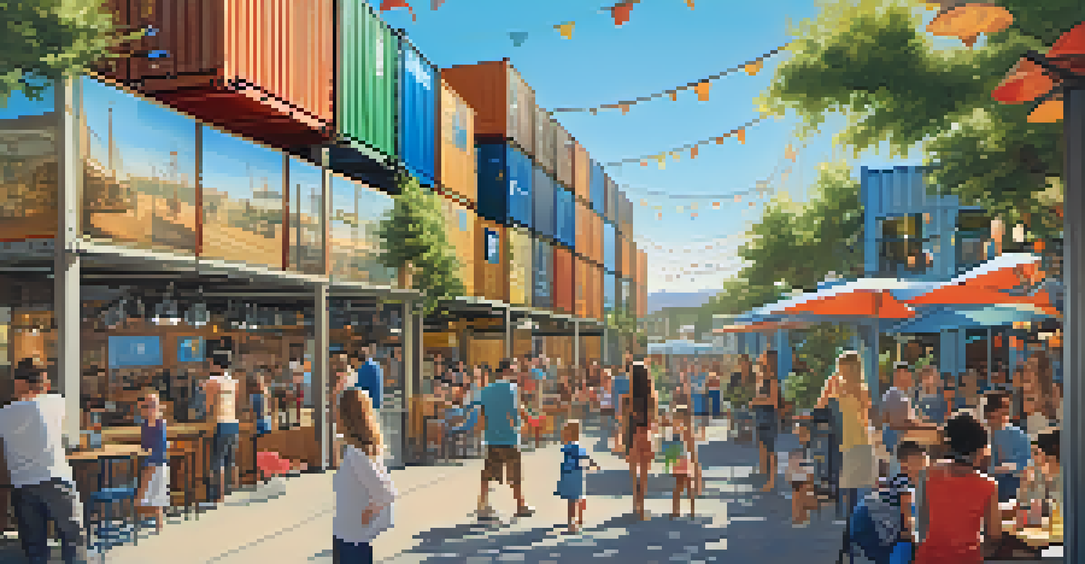 A view of Downtown Container Park with shipping containers, local shops, and families enjoying live music and art installations.