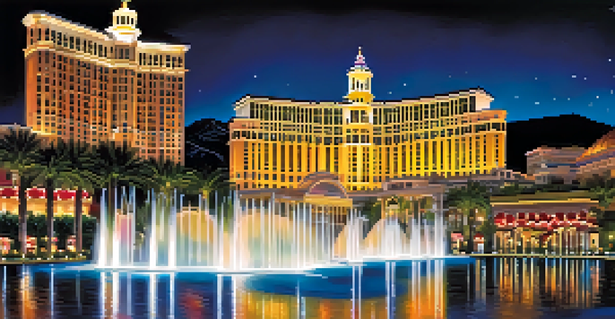 The Bellagio's dancing fountains lit up at night, with colorful lights reflecting on the water and the hotel's elegant architecture in the background.
