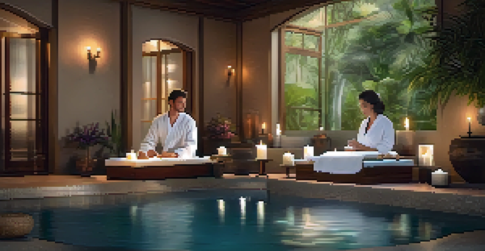 A couple receiving massages in a tranquil spa environment, surrounded by soft lighting and calming decor.