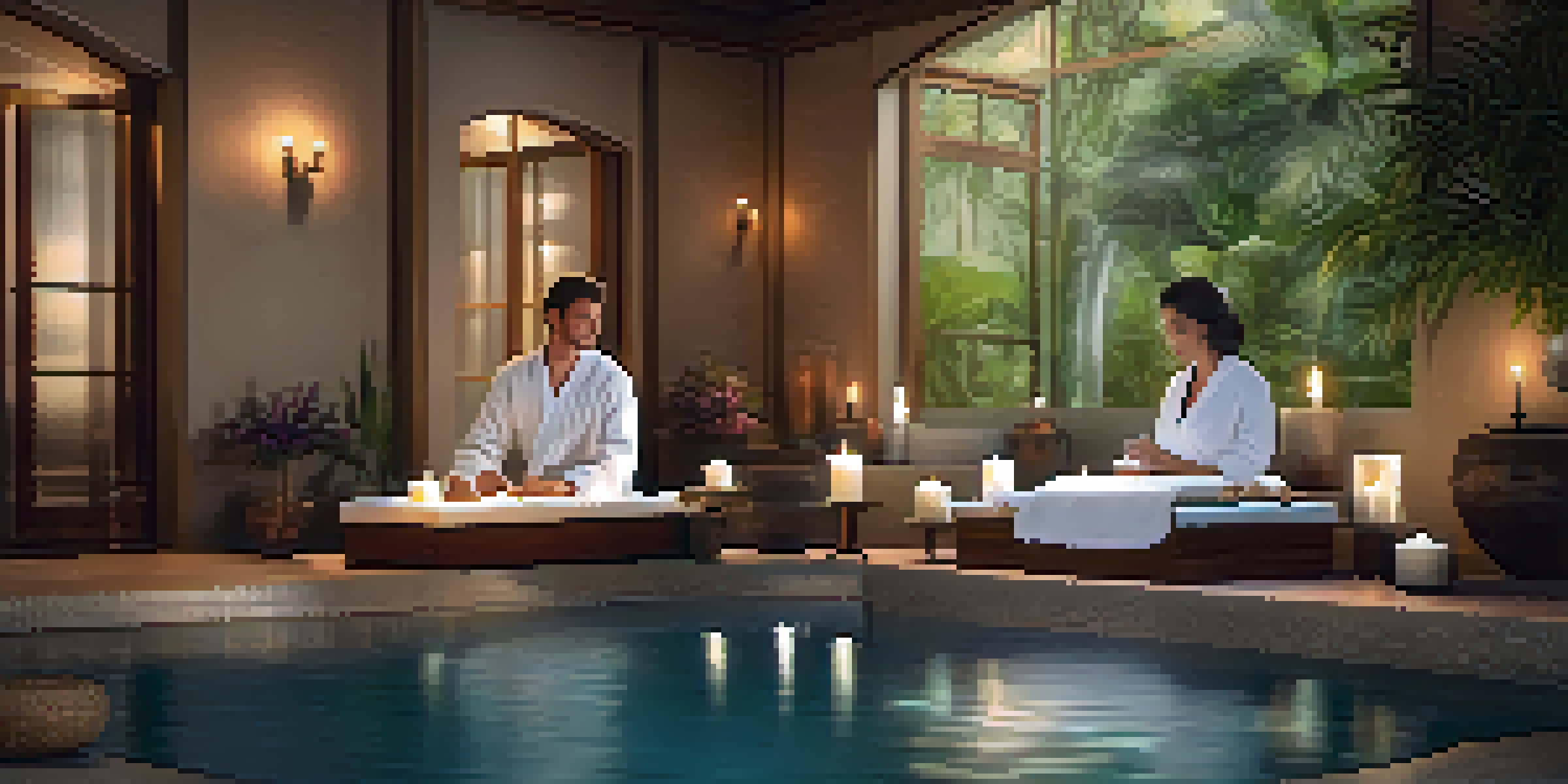 A couple receiving massages in a tranquil spa environment, surrounded by soft lighting and calming decor.