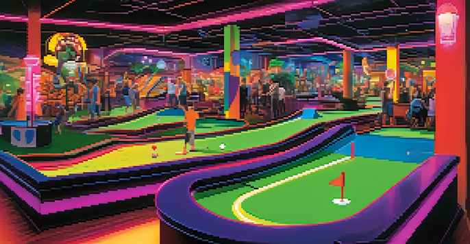 A family plays mini golf in a colorful indoor course with rock music theme and neon lights.
