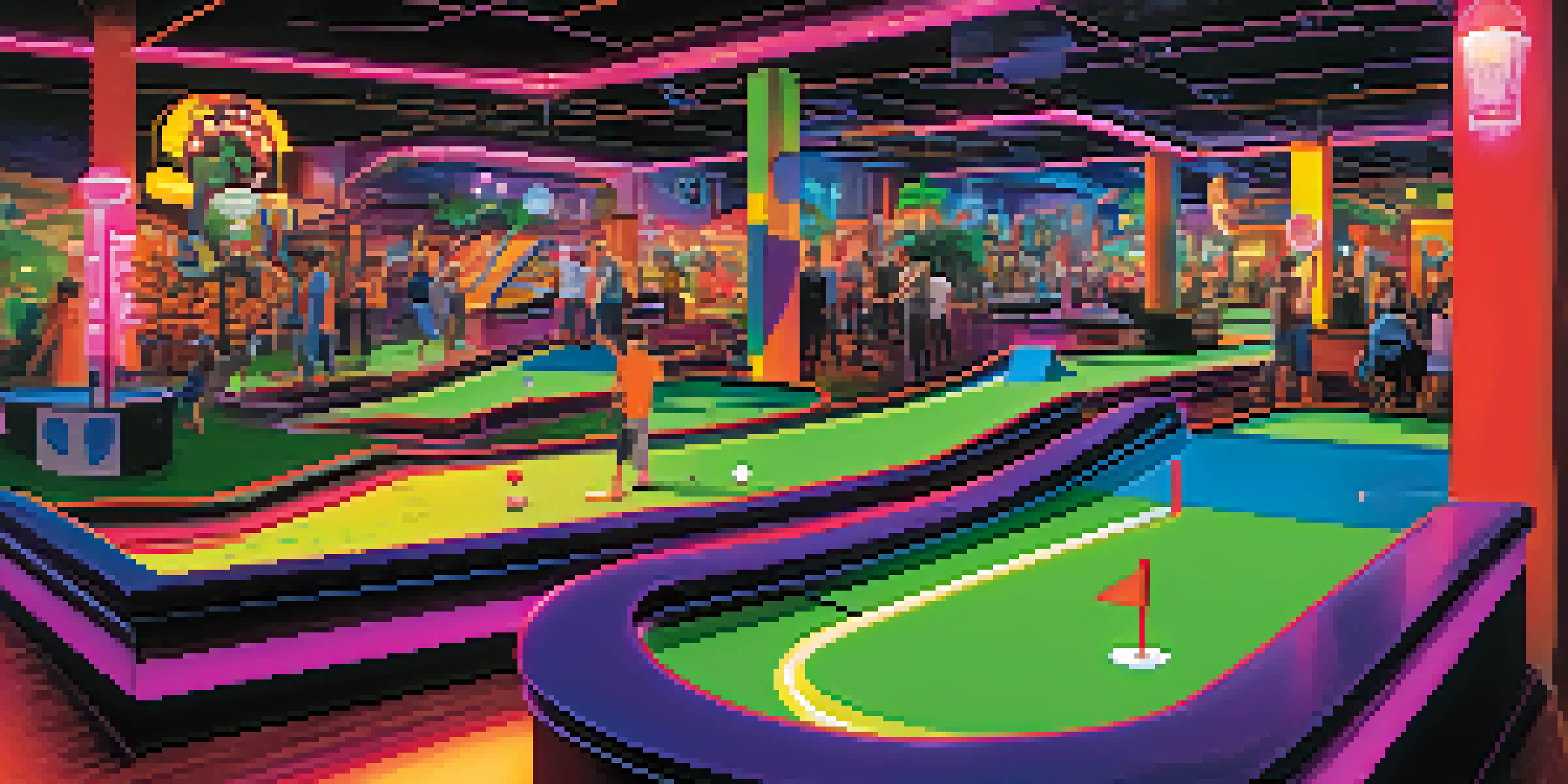 A family plays mini golf in a colorful indoor course with rock music theme and neon lights.