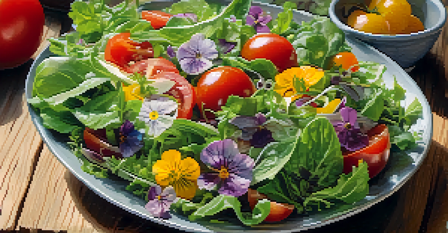 Close-up shot of a fresh salad made with seasonal, locally sourced ingredients on a rustic wooden table.