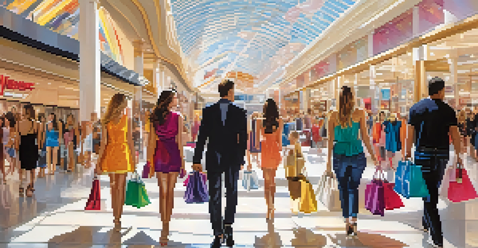 A bustling shopping mall with shoppers carrying bags and colorful storefronts.