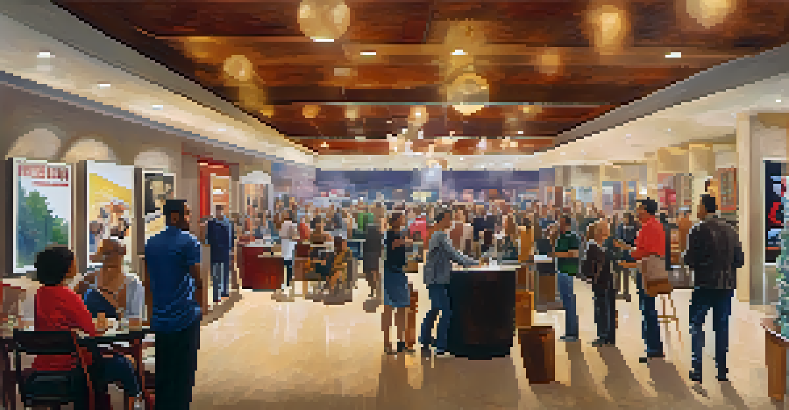 A modern theater lobby filled with diverse people chatting and looking at show posters in a brightly lit environment.
