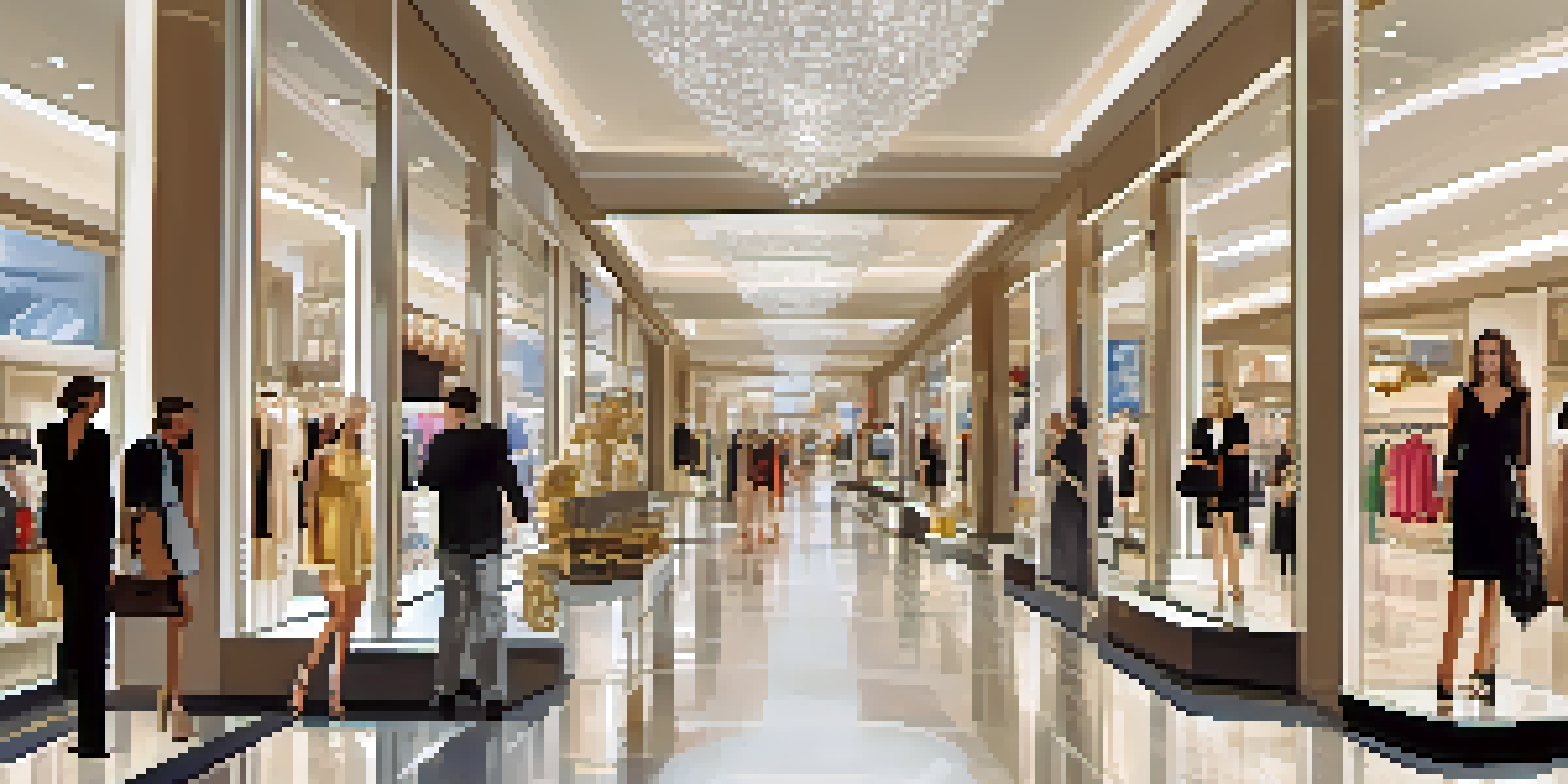 Interior view of The Shops at Crystals with high-end boutiques, shoppers, and elegant displays.