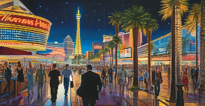 A lively night view of the Las Vegas Strip filled with bright neon lights, tall buildings, and people enjoying the atmosphere under a starry sky.