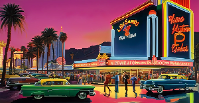 A historical depiction of Las Vegas in the 1950s with neon lights, featuring the Flamingo and Sands hotels and vintage-dressed people enjoying the nightlife.